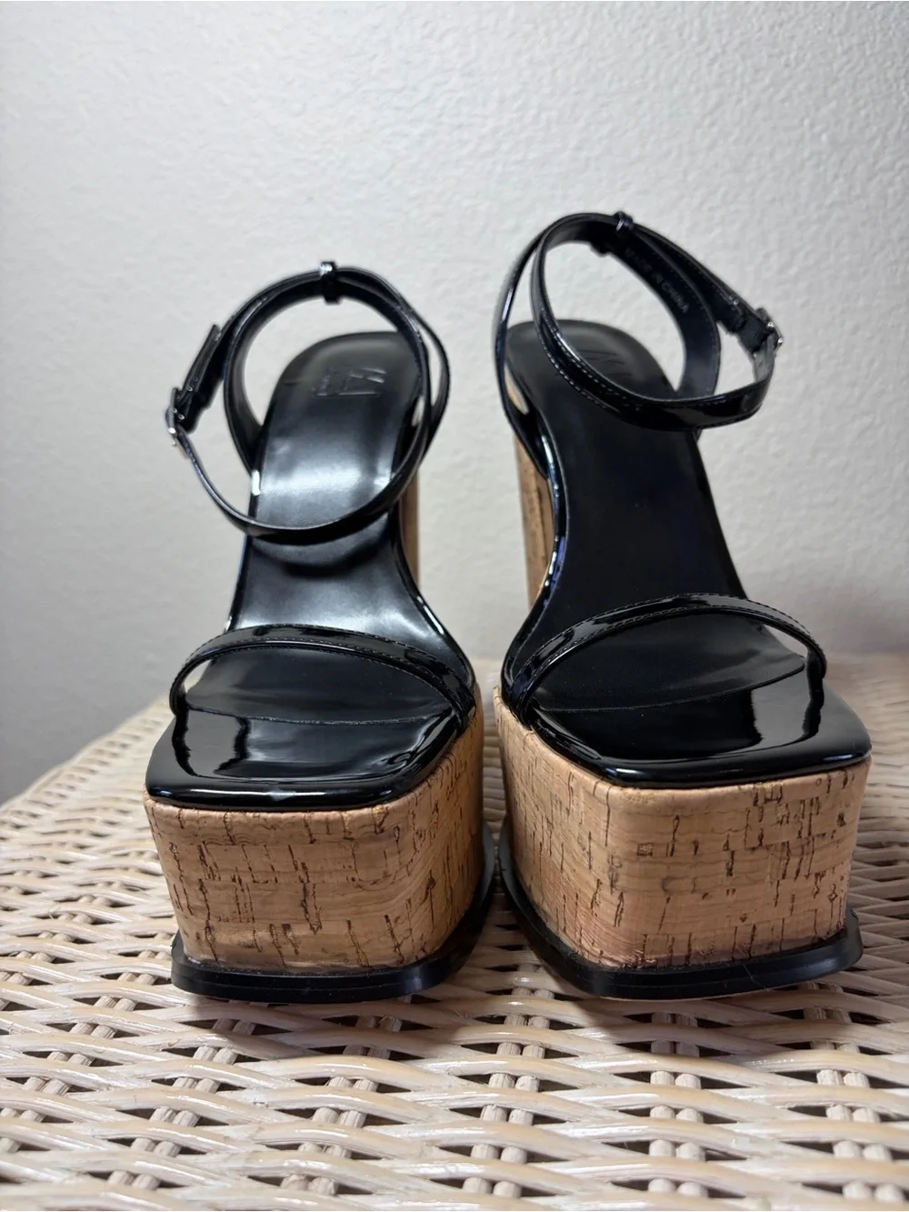 Black Patent Cork Platform Sandals with Ankle Strap
